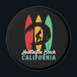 Huntington Beach California Vintage Retro Surfing Magnet<br><div class="desc">Vintage retro surfboard design for surfers who love surfing and riding the ocean waves. Cool summer holiday, spring break merchandise for those who enjoy hot sun, tropical weather, sunbathing under the palm tree. Grunge and distressed design to wear while enjoying the beach party and singing around the bonfire. Great souvenir,...</div>
