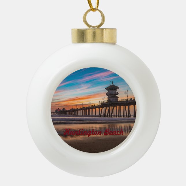 Huntington Beach Pier at sunset Ceramic Ball Christmas Ornament (Front)