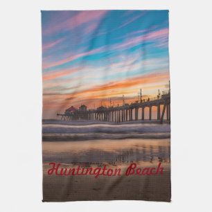 Huntington Beach Pier at sunset Tea Towel