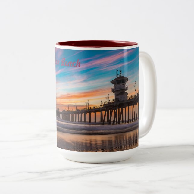 Huntington Beach Pier at sunset Two-Tone Coffee Mug (Front Right)