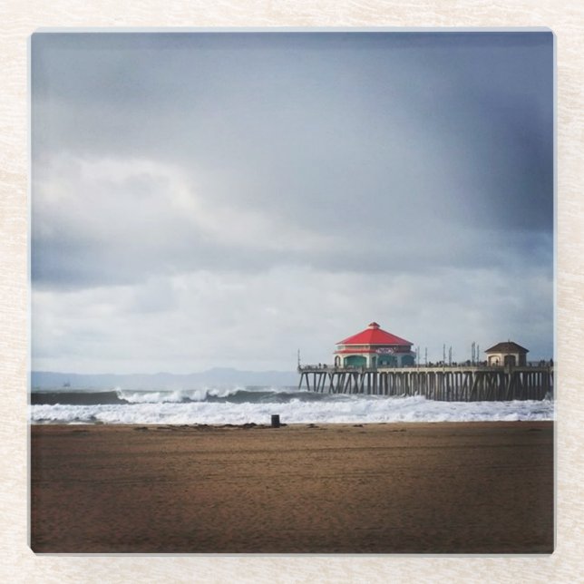 Huntington Beach Pier, CA Glass Coaster (Front)