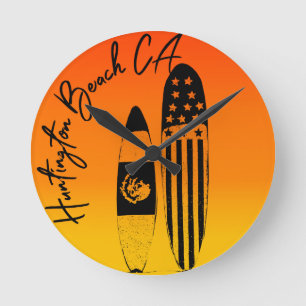 Huntington Beach Surfboards and Sunsets Round Clock