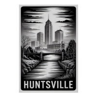 Huntsville Alabama Skyline Black White Woodcut