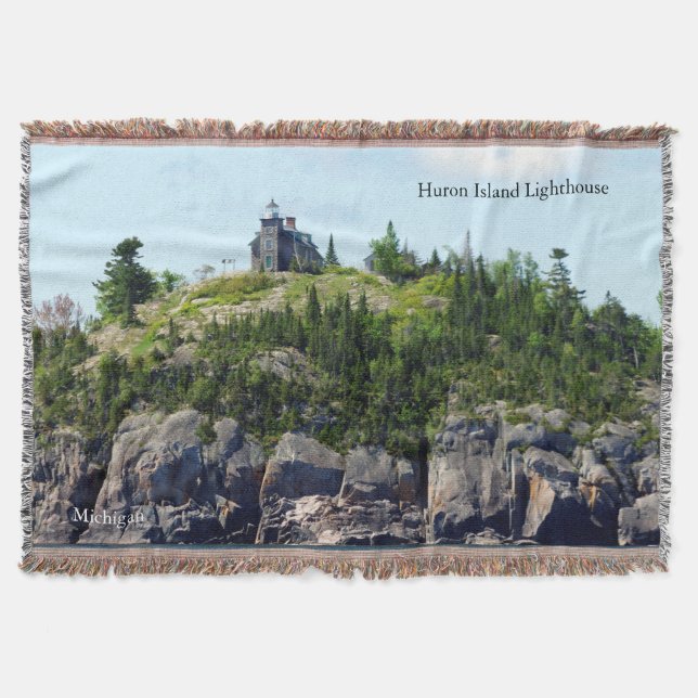 Huron Island Lighthouse wide angle woven blanket (Front)