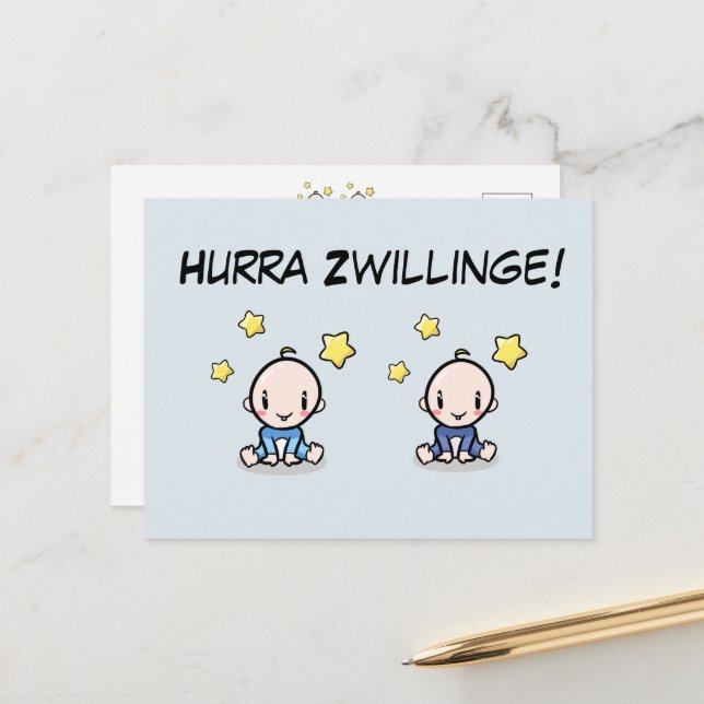 Hurra twins, congratulations birth, two guys. postcard (Front/Back In Situ)