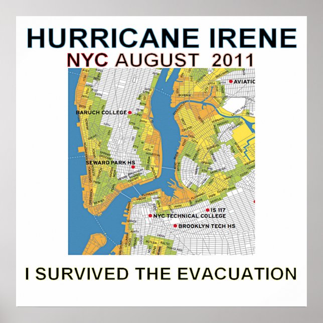 Hurricane Irene New York City Evacuation Map Poste Poster (Front)