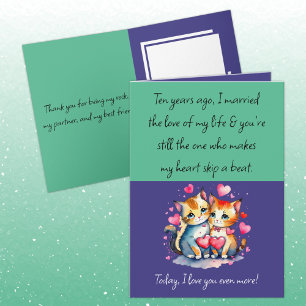 Husband 10th Anniversary cats green purple Card