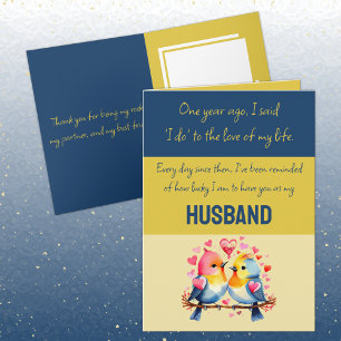 Husband 1st Anniversary blue gold cute birds Card