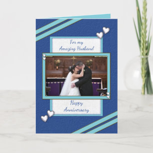 Husband blue Wedding Anniversary photo greeting Card
