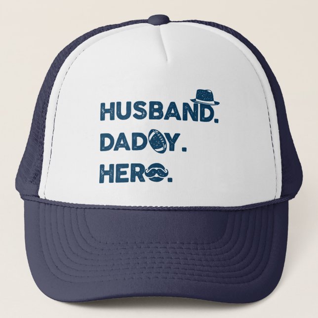 Husband. Daddy. Hero. Retro Graphic Trucker Hat (Front)