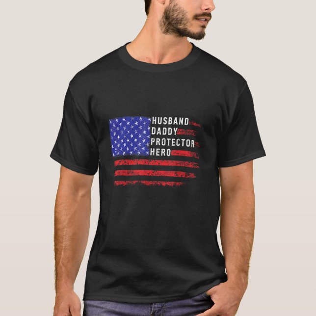 Husband Daddy Protector Hero Retro Us Flag Dad T-Shirt (Front)
