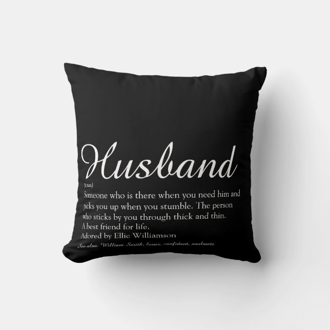 Husband Definition Script Modern Black and White Cushion (Front)