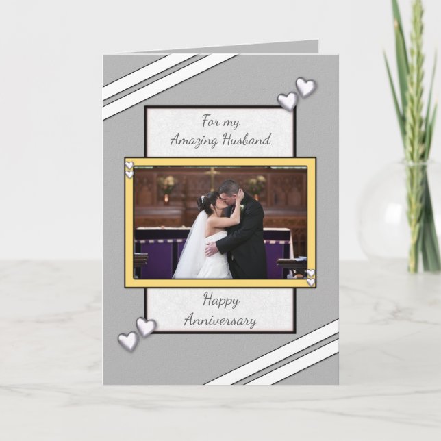 Husband grey Wedding Anniversary photo greeting Card (Front)