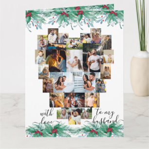 Husband Heart Photo Collage Holly and Mistletoe Card