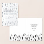 Husband Merry Christmas Trees Silver Foil Card<br><div class="desc">Silver foil christmas card lettered with "Merry Christmas to my wonderful husband" in festive typography and handwritten script. The template is set up for you to edit the recipient, if you wish and you can also personalise the greeting inside. The design is decorated with a forest of simple sketched christmas...</div>