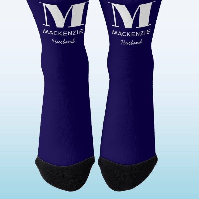 Husband Monogram Initial Name Navy Blue Wedding Socks (Modern husband groom monogram initial name personalized wedding socks)