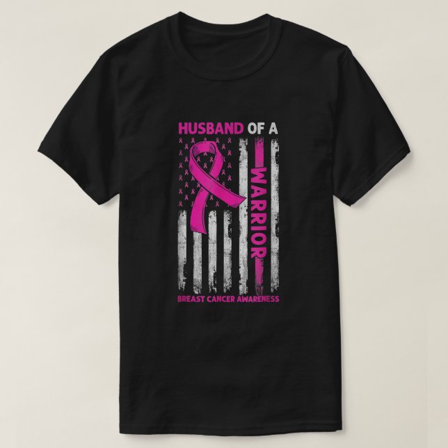 Husband Of A Warrior American Flag Breast Cancer T-Shirt (Design Front)