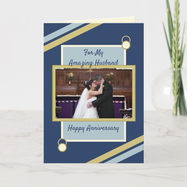 Husband Wedding Anniversary blue gold photo Card (Front)