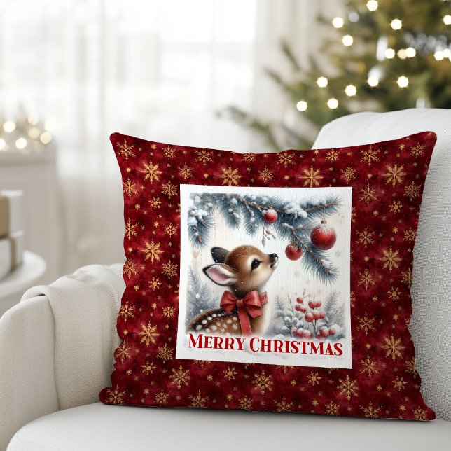 Hushed snowy forest Christmas scene baby deer kids Cushion (Hushed snowy forest Christmas scene baby deer kids decor)