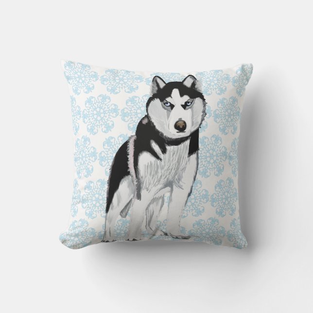 Husky against Snow Flakes Cushion (Front)