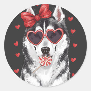 Husky and Lollipop Licking Valentine's Icon. Classic Round Sticker