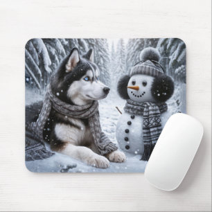 Husky and Snowman In Winter Woods Mouse Pad