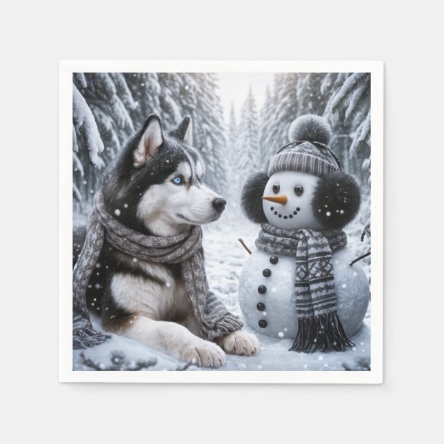 Husky and Snowman In Winter Woods Napkin (Front)