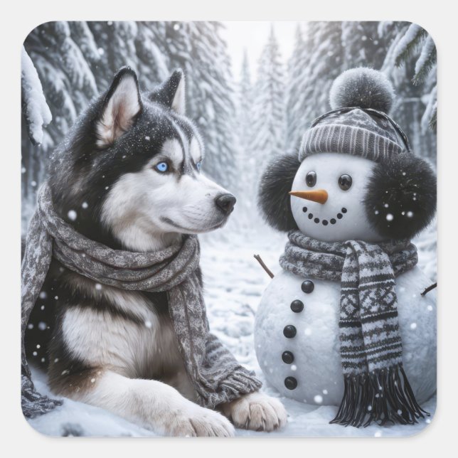 Husky and Snowman In Winter Woods Square Sticker (Front)