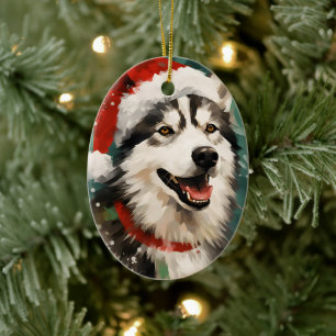 Husky Christmas brush painting artwork Ceramic Ornament