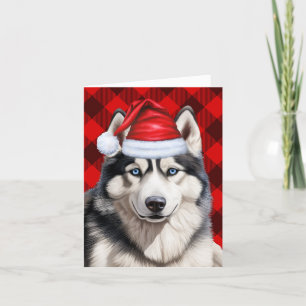 Husky Christmas Dog Red Buffalo Plaid Christmas Holiday Card