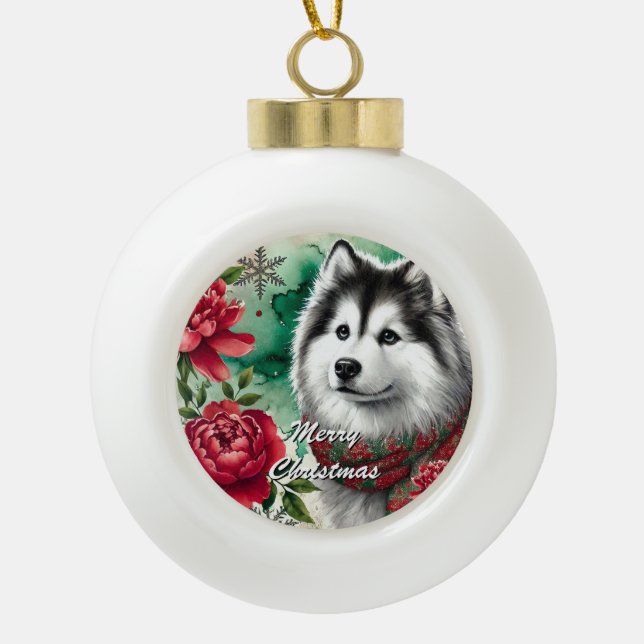 Husky Christmas Dreams Ornament or Memorial (Front)