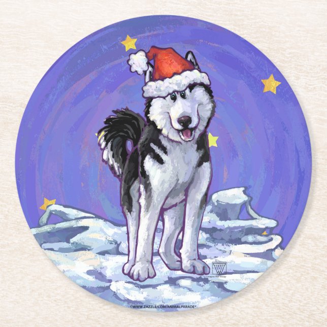 Husky Christmas Round Paper Coaster (Front)
