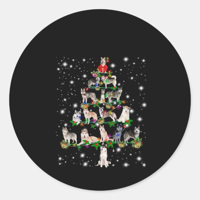 Husky Christmas Tree Covered By Flashlight Classic Round Sticker (Front)