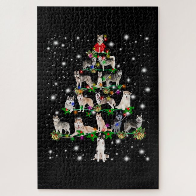 Husky Christmas Tree Covered By Flashlight Jigsaw Puzzle (Vertical)