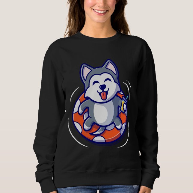 Husky Cute Husky Dog Floating With Swimming Tires  Sweatshirt (Front)