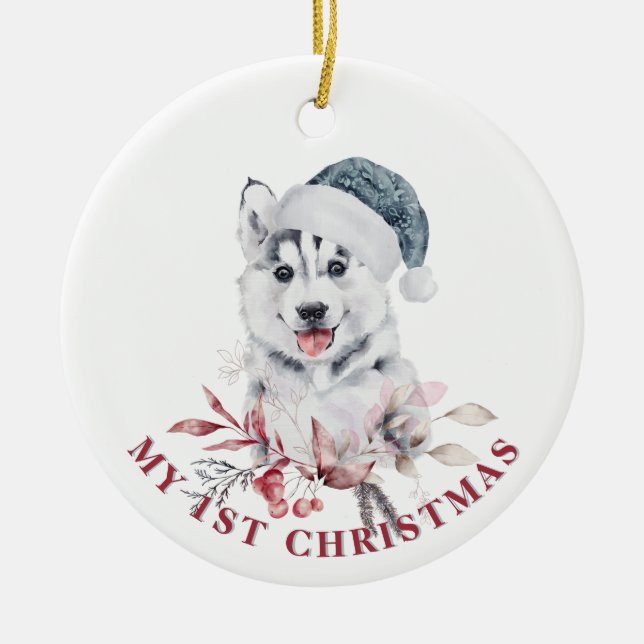 Husky dog 1st Christmas cute dog puppy winter Ceramic Ornament (Front)