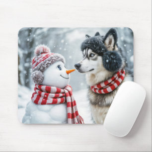 Husky Dog and Snowman Friends Mouse Pad