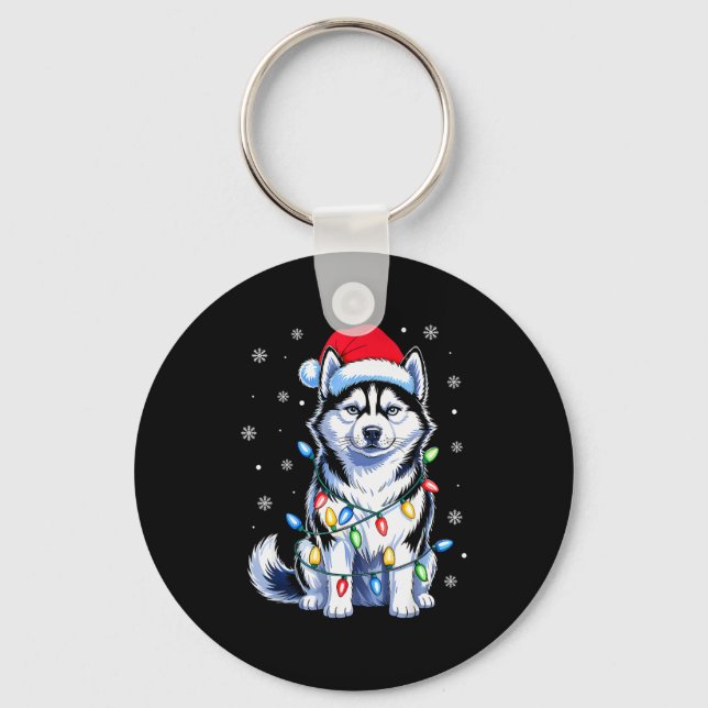 Husky Dog Christmas Lights Santa Hat Family Xmas P Key Ring (Front)