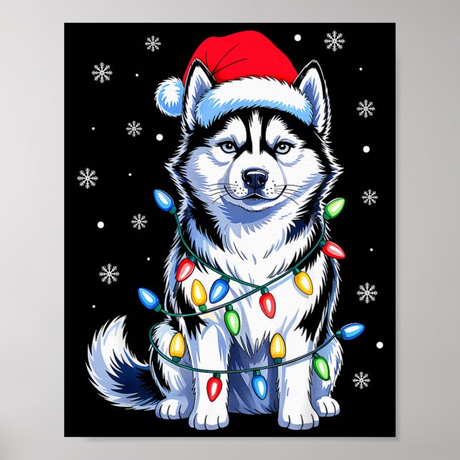 Husky Dog Christmas Lights Santa Hat Family Xmas P Poster (Front)