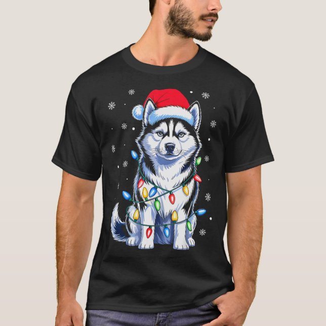 Husky Dog Christmas Lights Santa Hat Family Xmas P T-Shirt (Front)