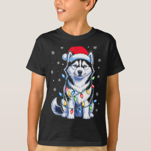 Husky Dog Christmas Lights Santa Hat Family Xmas P T-Shirt