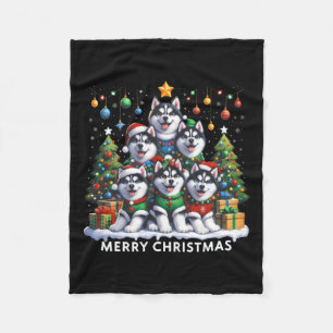 Husky Dog Christmas Tree Merry Christmas Matching Fleece Blanket