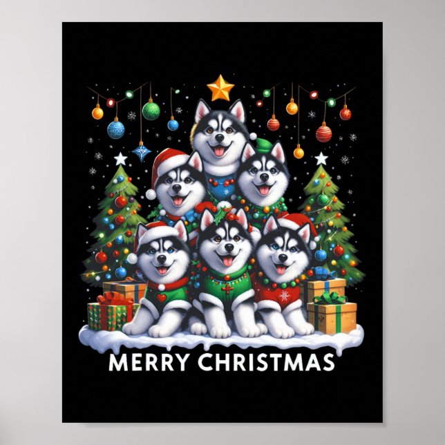 Husky Dog Christmas Tree Merry Christmas Matching  Poster (Front)