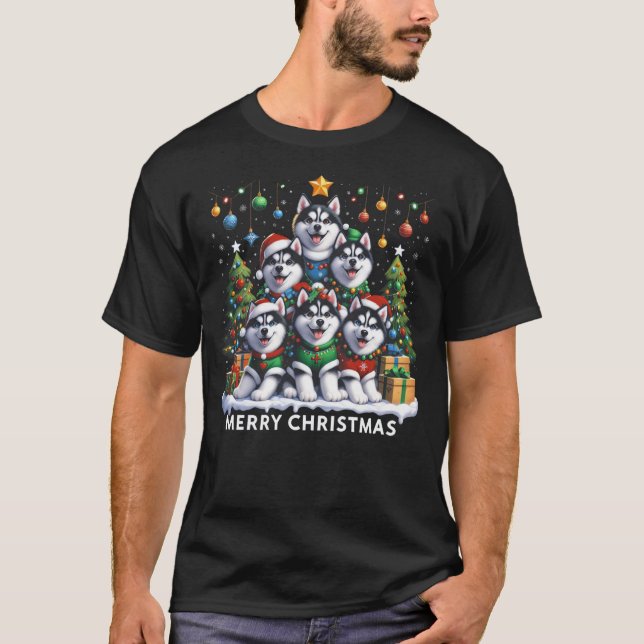 Husky Dog Christmas Tree Merry Christmas Matching  T-Shirt (Front)