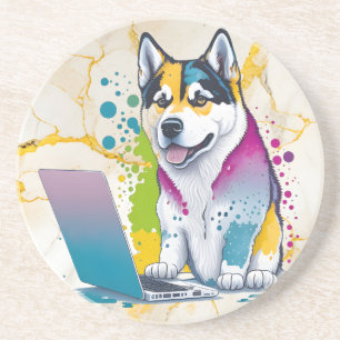 Husky Dog Computer Rainbow Watercolor Tech Savvy Coaster