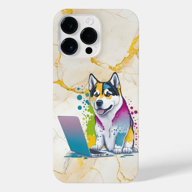Husky Dog Computer Rainbow Watercolor Tech Savvy iPhone Case (Back)