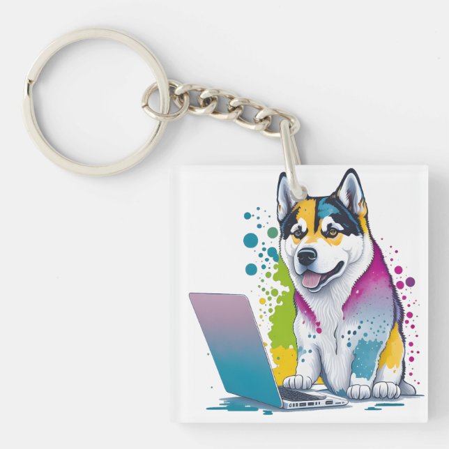 Husky Dog Computer Rainbow Watercolor Tech Savvy Key Ring (Front)
