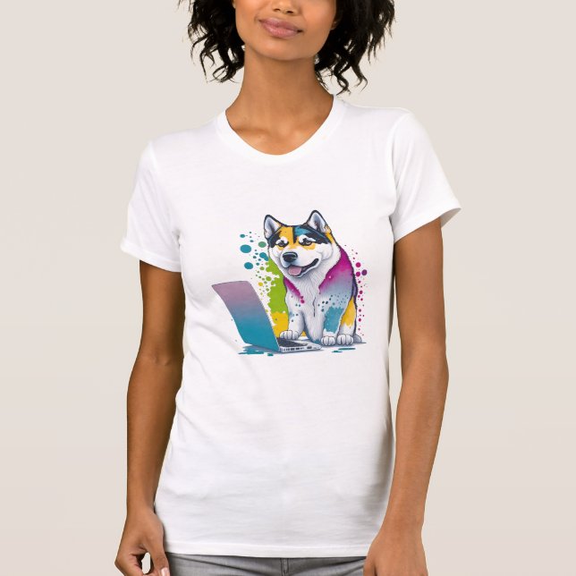 Husky Dog Computer Rainbow Watercolor Tech Savvy T-Shirt (Front)