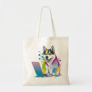 Husky Dog Computer Rainbow Watercolor Tech Savvy Tote Bag