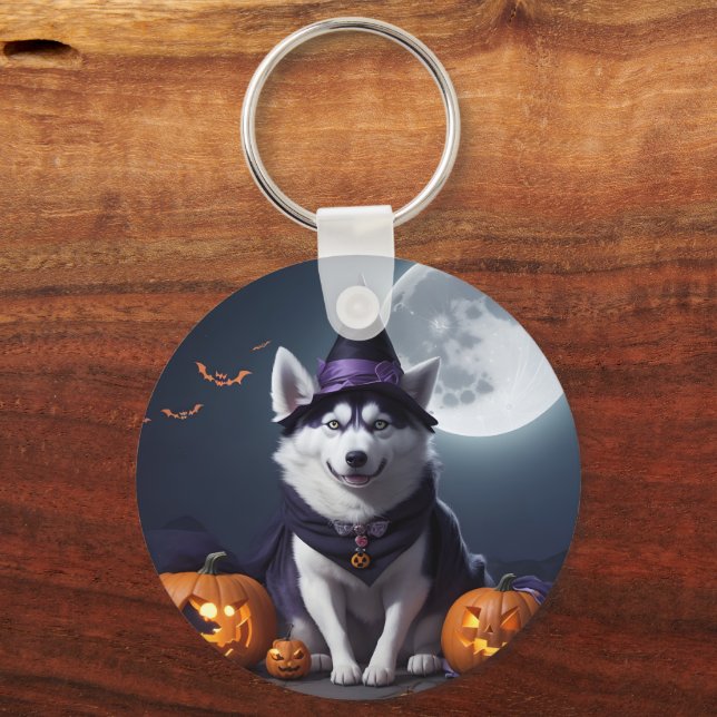 Husky Dog Halloween Adventure Moonlit Magic Spooky Key Ring (Front)